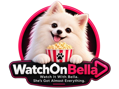 Bella, a white Pomeranian, holding a bucket of popcorn above the WatchOnBella logo